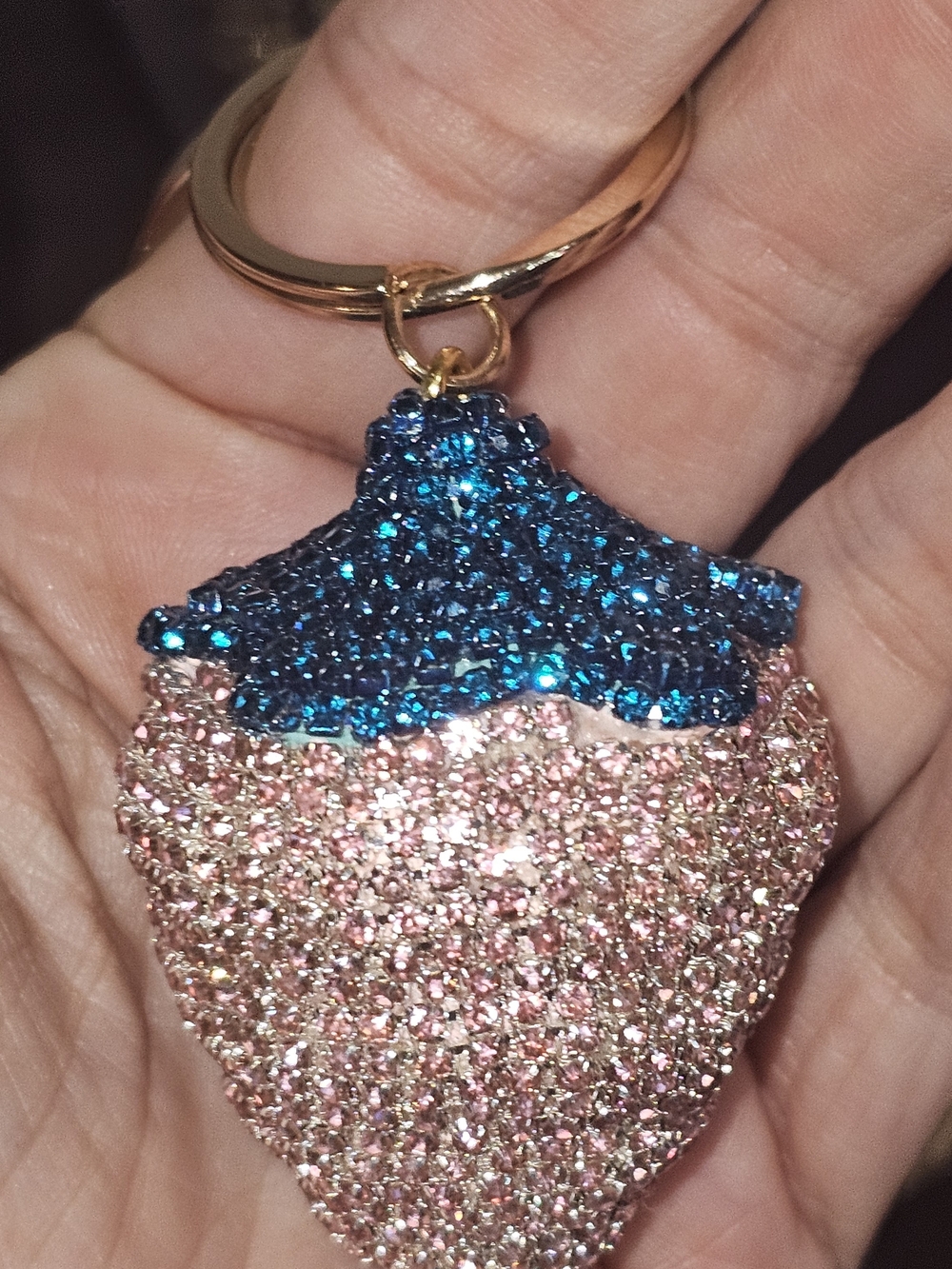 Set Of 2. Sparkling Strawberry Keychain Pair - Red & Pink with Blue Tops - Picture 5 of 5